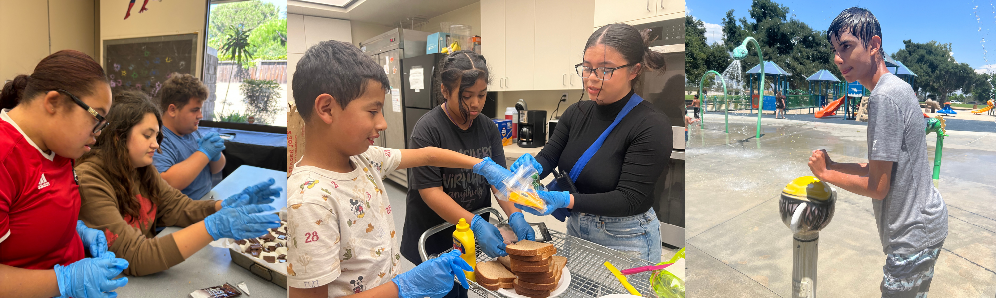 Three images showcasing children and teens engaged in various activities. A group of three youths wearing gloves work together at a table, decorating small desserts in an arts and crafts-style classroom.Two young children and a teen collaborate in a kitchen, preparing sandwiches while wearing gloves, with a focus on teamwork and skill-building. A teen interacts with a water feature at a park splash pad, enjoying outdoor recreation under sunny weather.