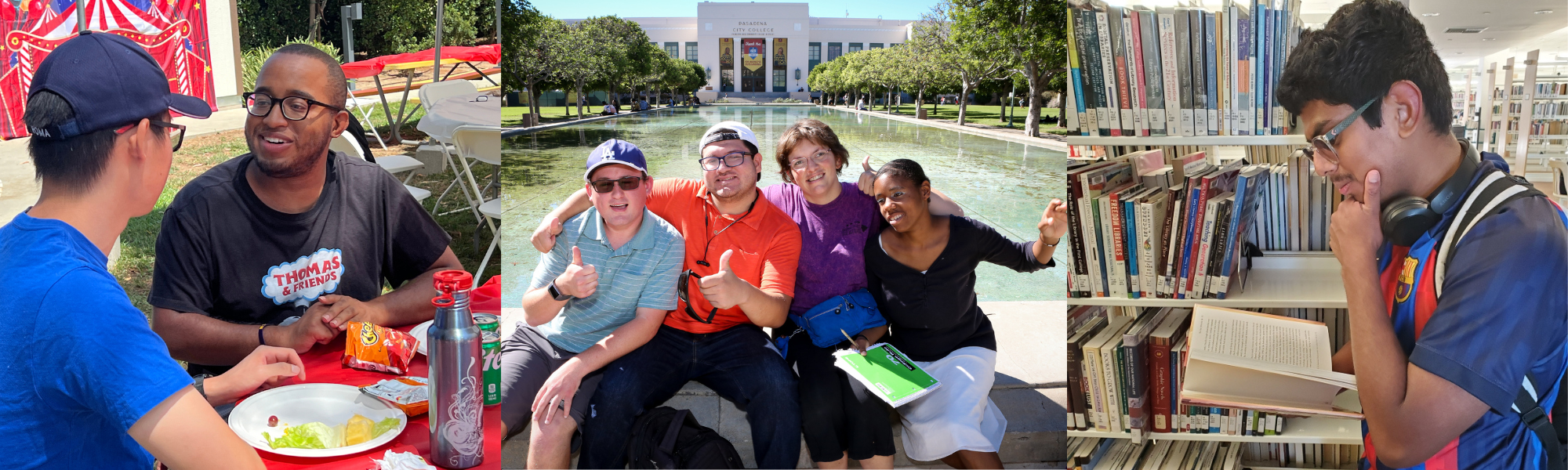 Three images featuring young adults participating in educational and social activities.Two young men sit outdoors at a picnic table, smiling and engaging in a conversation while enjoying a casual meal. A group of young adults sits by a fountain, smiling and embracing, symbolizing community and friendship in a collegiate setting. A young man stands in a library aisle, wearing headphones and reading a book, demonstrating focus and academic involvement.